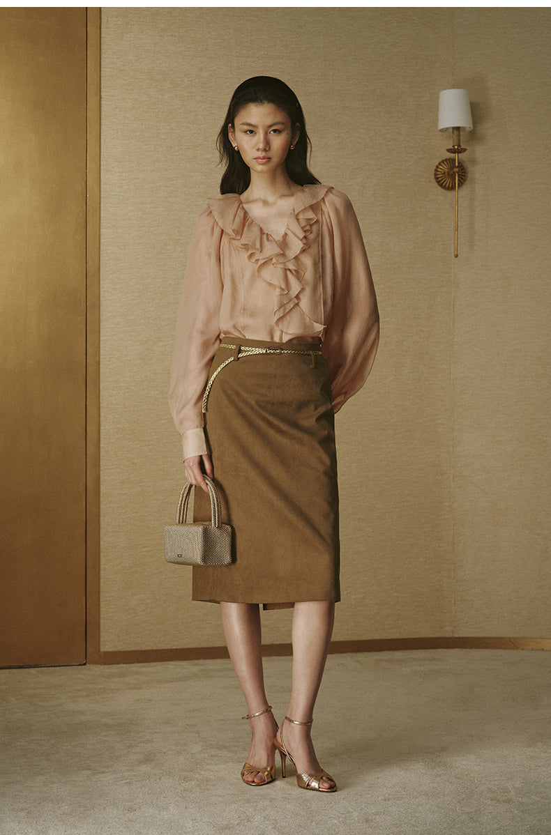 Faux-Suede Straight Midi Skirt - Pine Tea Brown - view 2