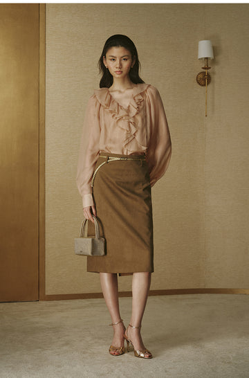 Faux-Suede Straight Midi Skirt - Pine Tea Brown - view 2