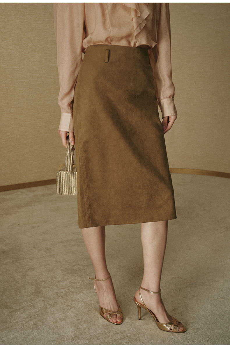 Faux-Suede Straight Midi Skirt - Pine Tea Brown - view 4