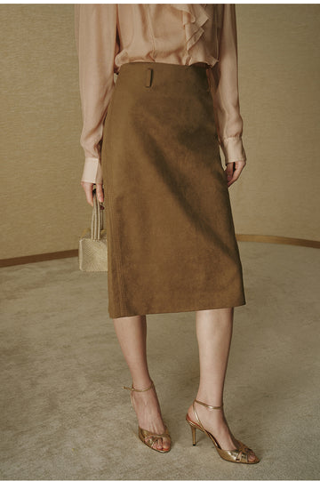 Faux-Suede Straight Midi Skirt - Pine Tea Brown - view 4