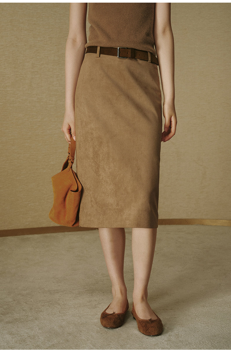Faux-Suede Straight Midi Skirt - Amber Camel - view 2
