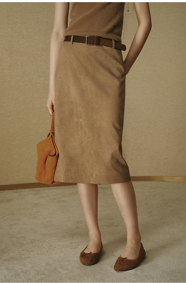 Faux-Suede Straight Midi Skirt - Amber Camel - view 3