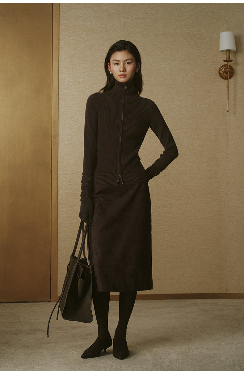 Faux-Suede Straight Midi Skirt - Deep Coffee - view 2