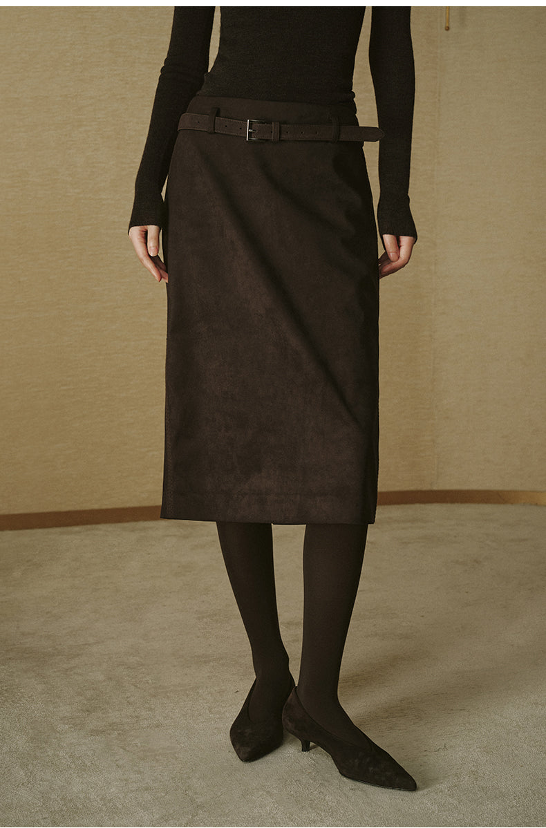 Faux-Suede Straight Midi Skirt - Deep Coffee - view 3