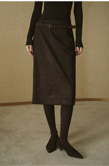 Faux-Suede Straight Midi Skirt - Deep Coffee - view 3