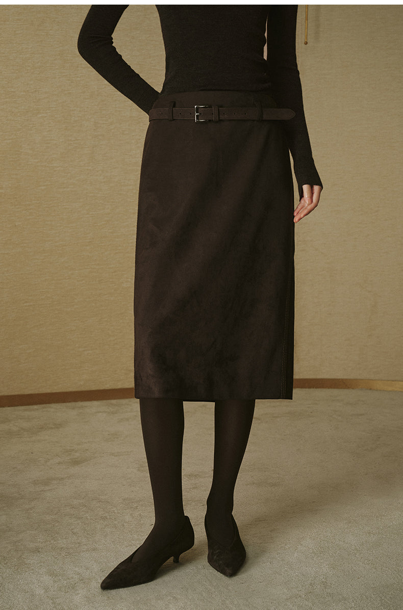 Faux-Suede Straight Midi Skirt - Deep Coffee - view 4
