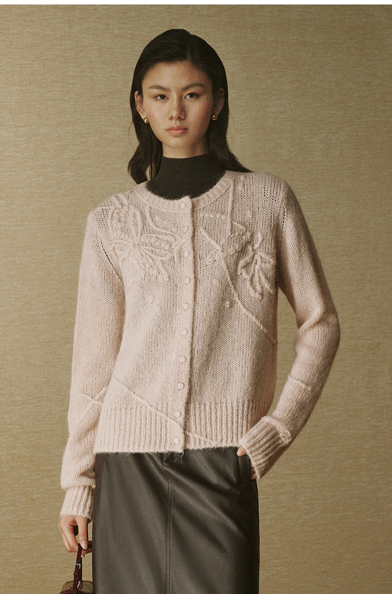 Floral Appliqué Alpaca Cardigan - Light Apricot Pink - view 3