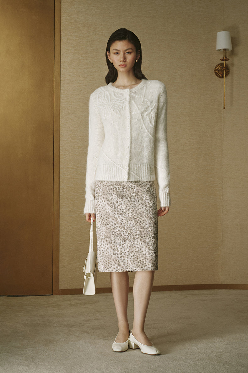 Floral Appliqué Alpaca Cardigan - Ivory White - view 1