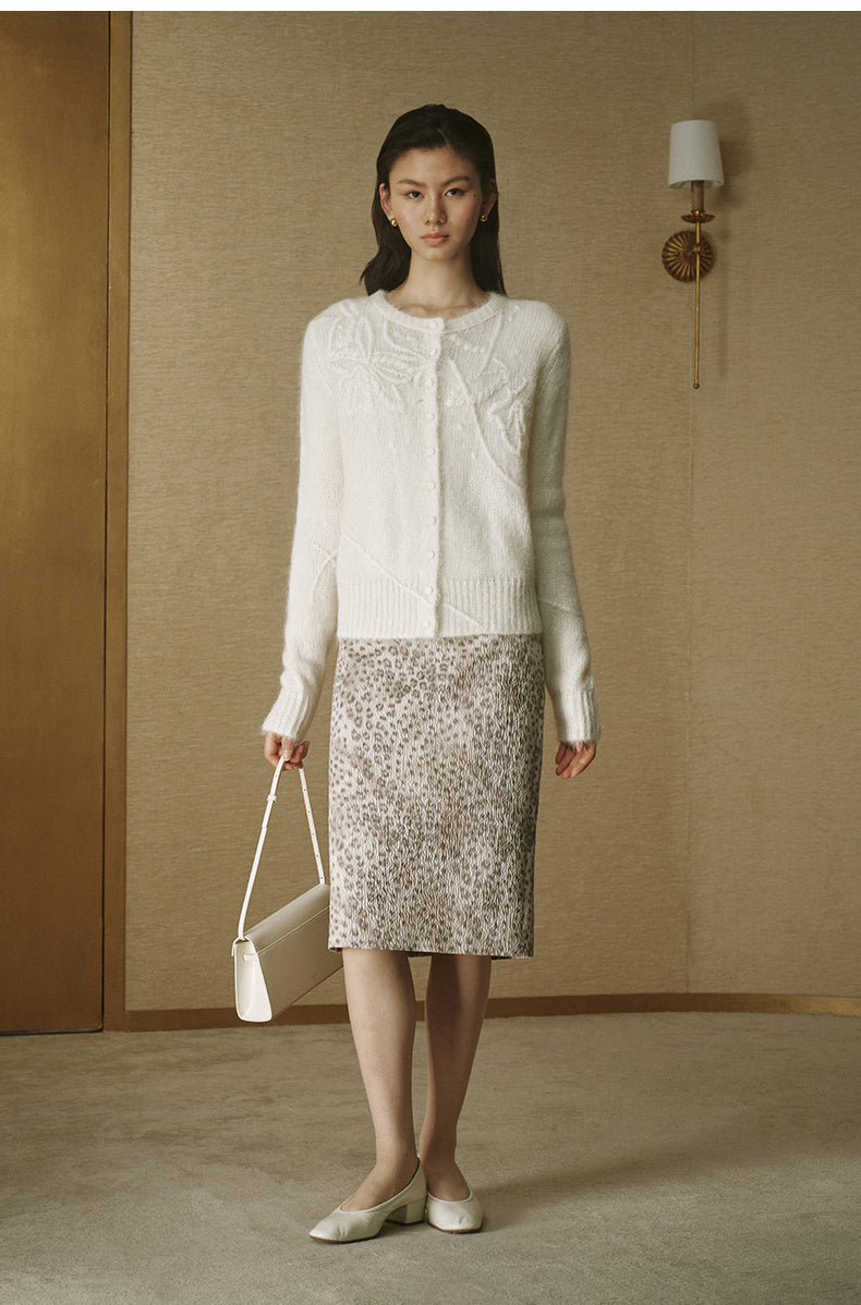 Floral Appliqué Alpaca Cardigan - Ivory White - view 2