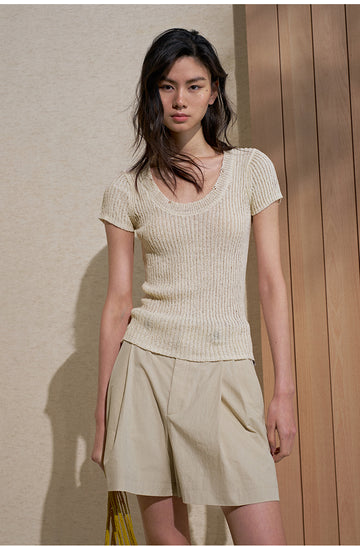 U-Neck Ribbed Knit Tee - Mix Apricot look