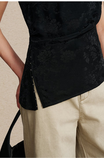 Jacquard Qipao Vest Top detail in Ink Black