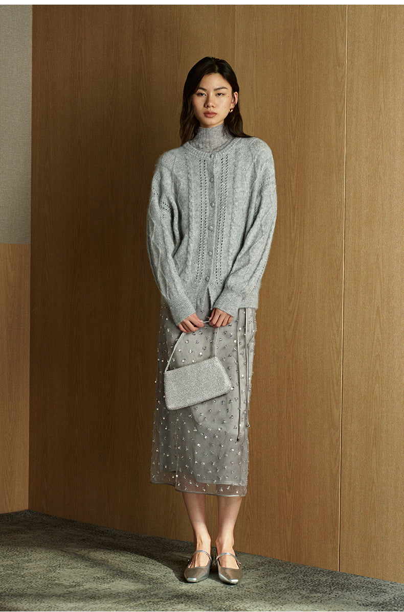 Sequined Mohair Knit Cardigan - Sequin Grey front