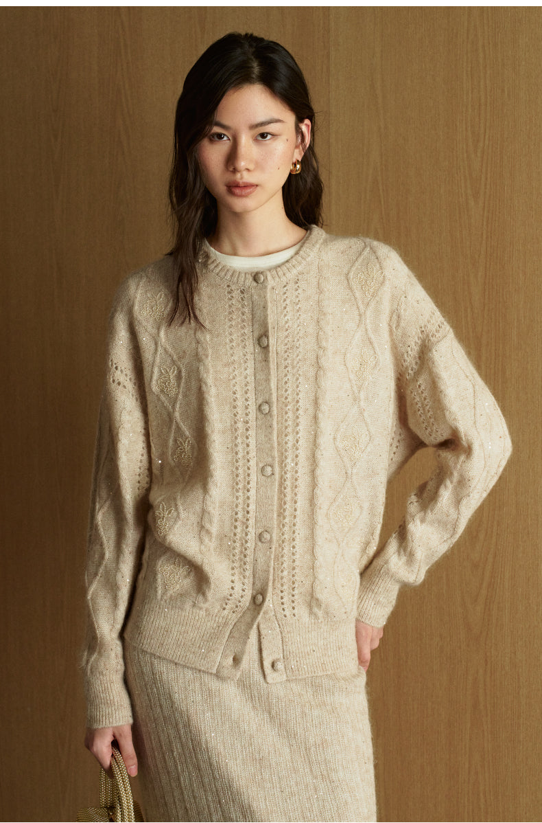 Sequined Mohair Knit Cardigan - Light Almond detail