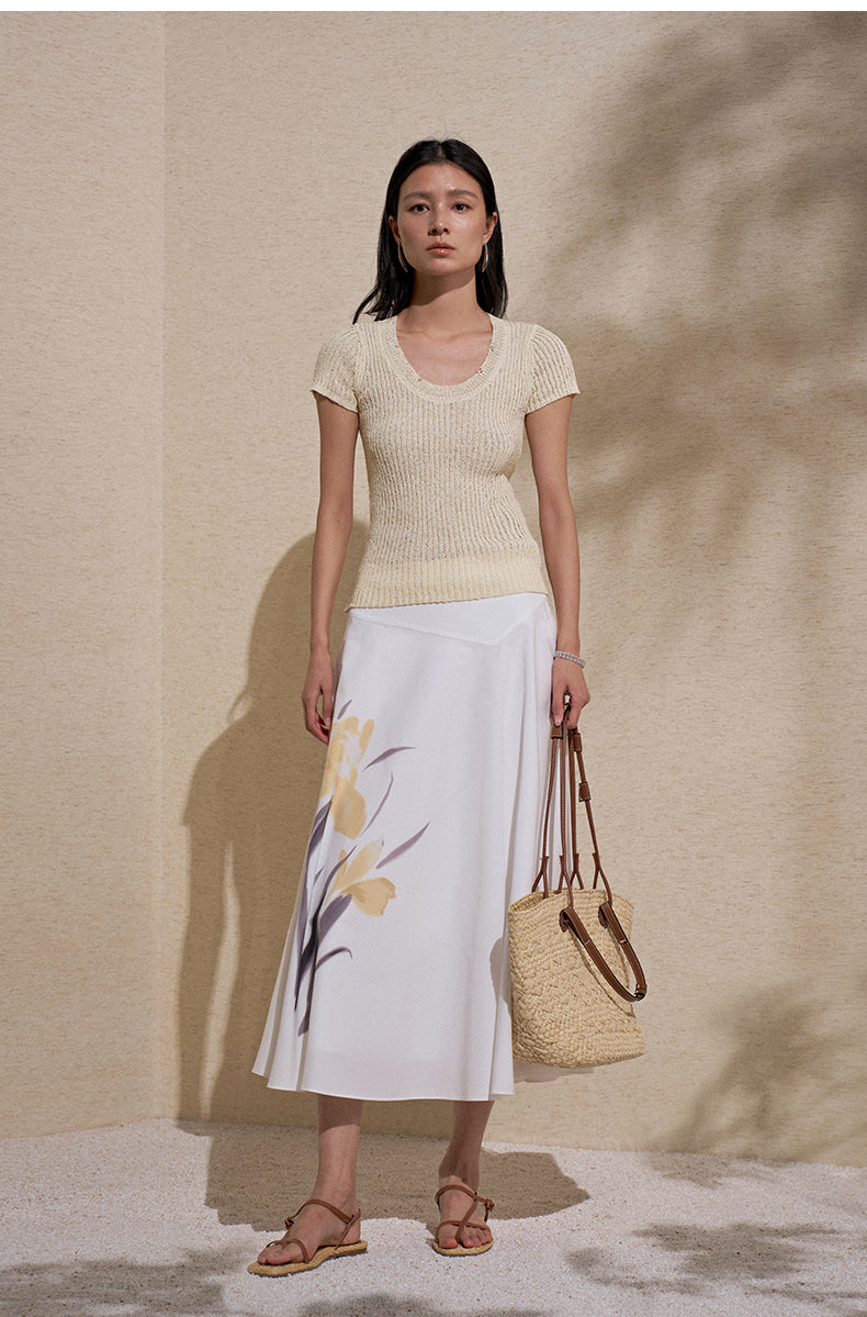 U-Neck Ribbed Knit Tee - Mix Apricot alternate