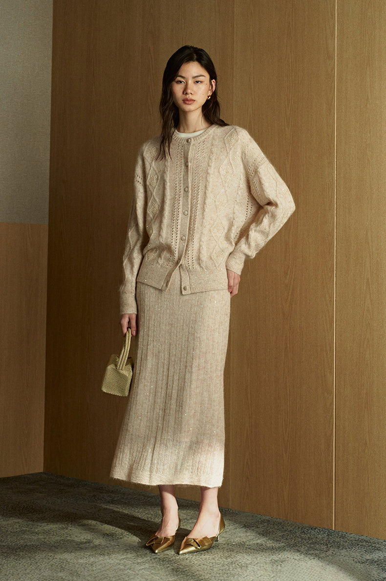 Sequined Mohair Knit Cardigan - Light Almond model