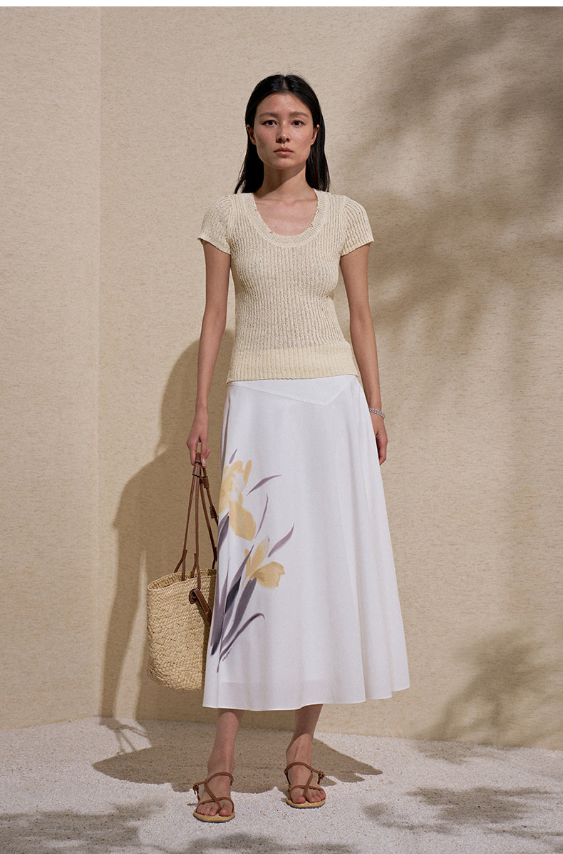 U-Neck Ribbed Knit Tee - Mix Apricot side