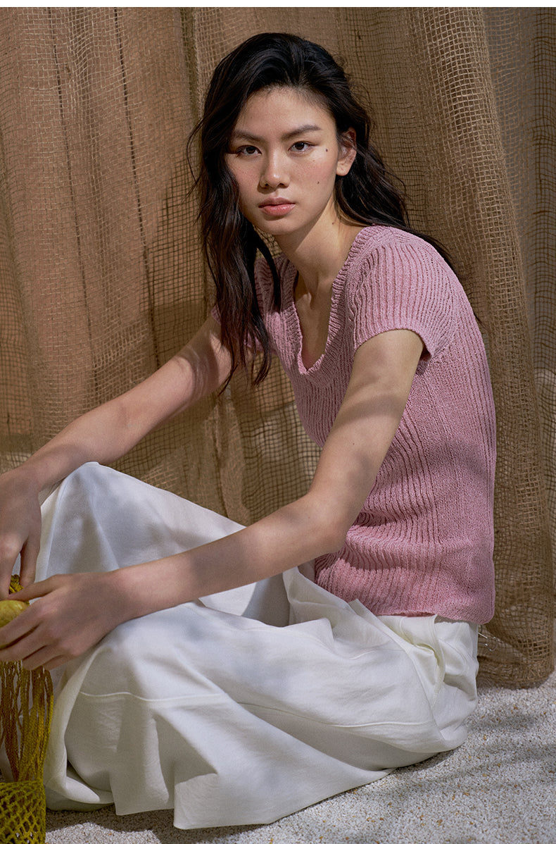 U-Neck Ribbed Knit Tee - Sea Salt Pink detail