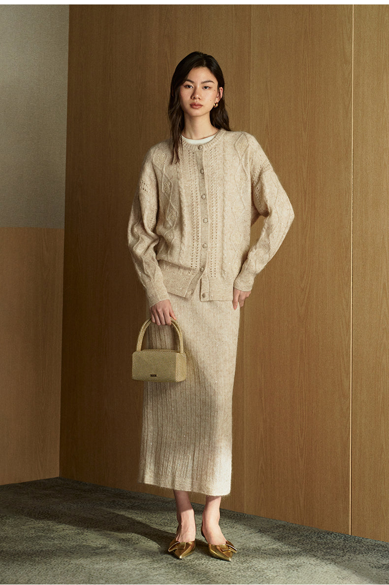 Sequined Mohair Knit Cardigan - Light Almond front