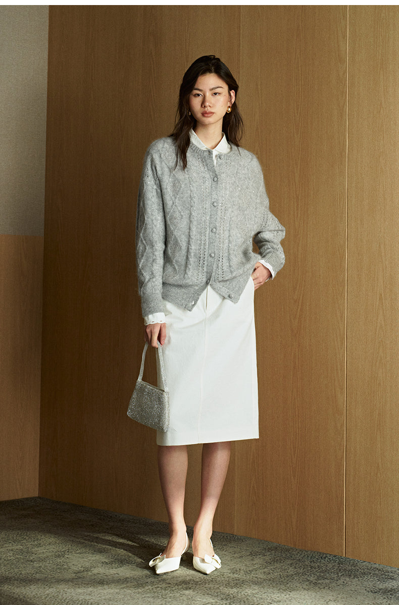 Sequined Mohair Knit Cardigan - Sequin Grey model