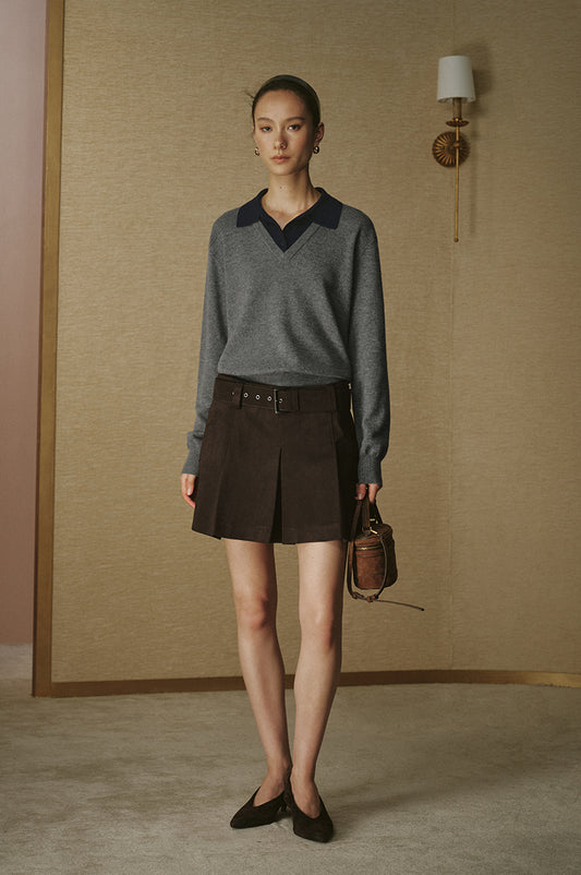 Layered-Collar Wool Sweater - Stone Grey - view 1