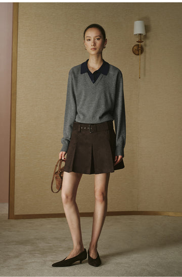 Layered-Collar Wool Sweater - Stone Grey - view 3