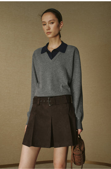 Layered-Collar Wool Sweater - Stone Grey - view 5