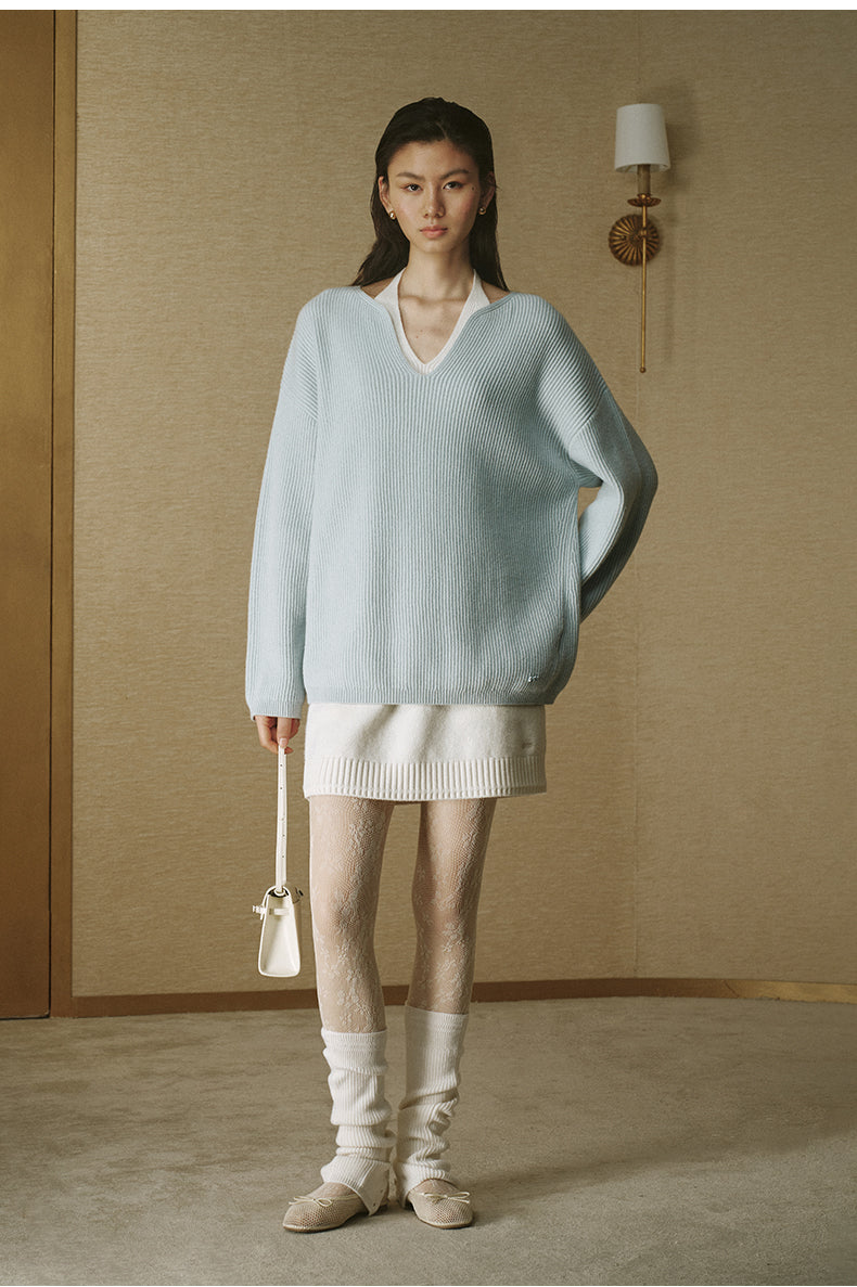 Petal-Collar Pure Wool Sweater - Clear Water Blue - view 1