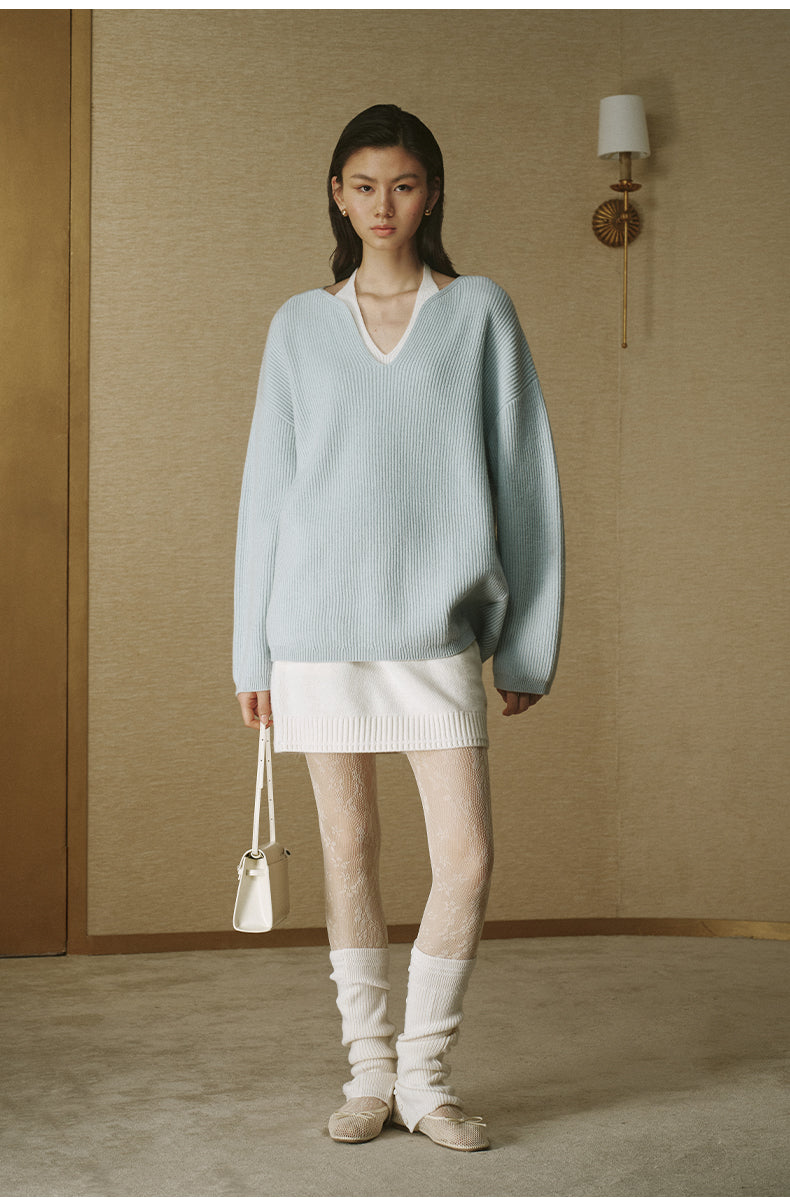 Petal-Collar Pure Wool Sweater - Clear Water Blue - view 2