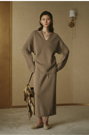 Petal-Collar Pure Wool Sweater - Light Tea Camel - view 1