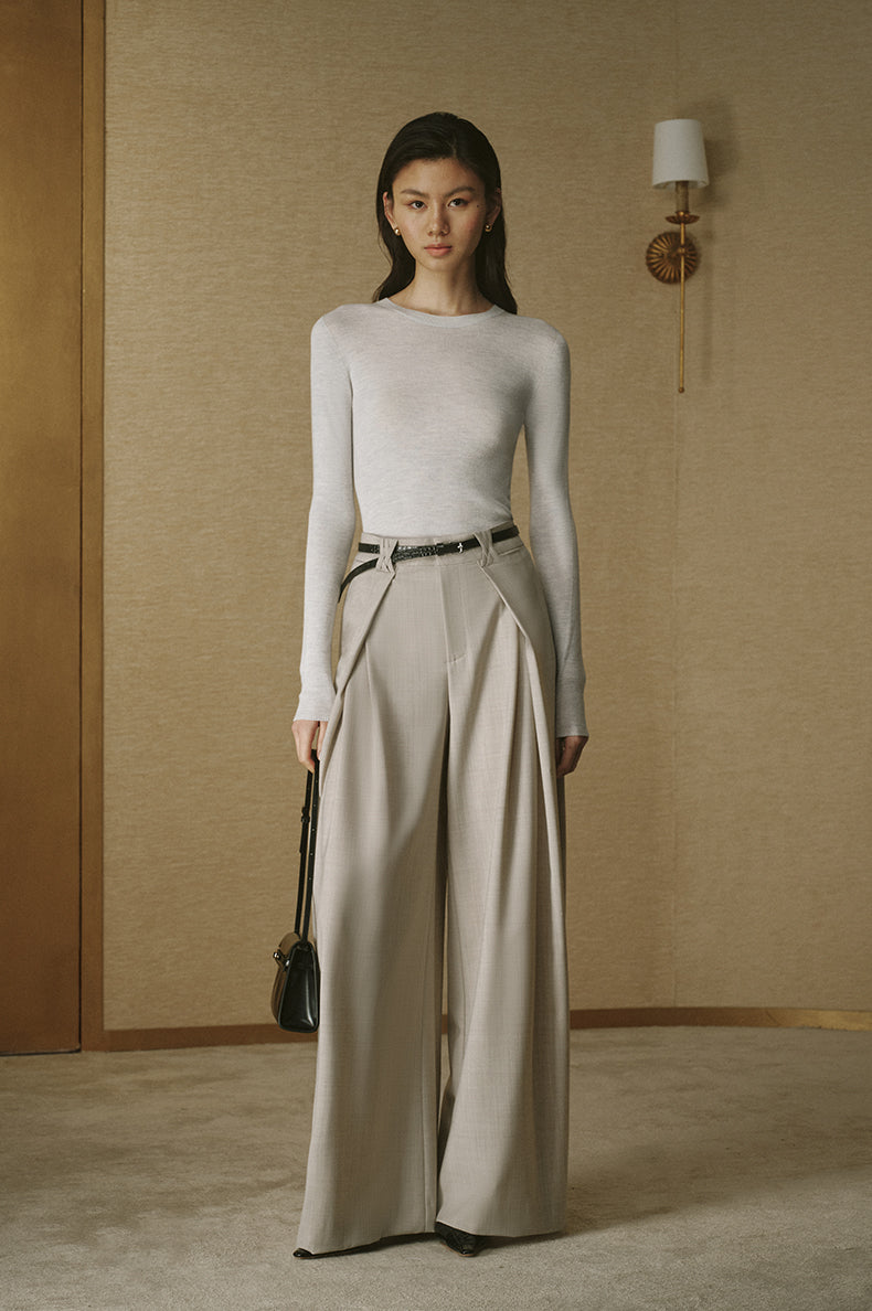 Pleated Wool-Blend Wide-Leg Trousers - Oat Beige - view 1