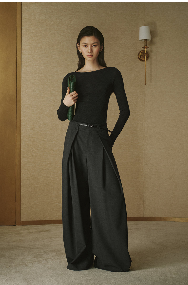 Pleated Wool-Blend Wide-Leg Trousers - Night Grey - view 1