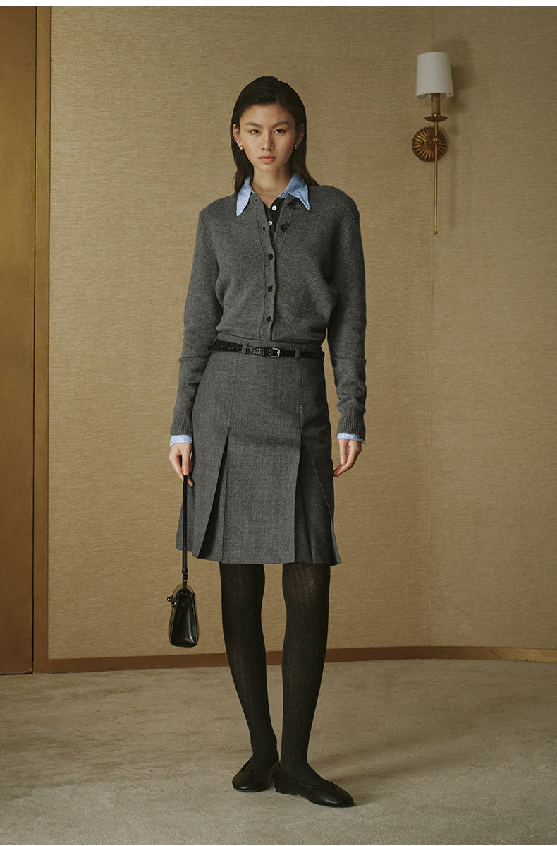 Pure Wool Fitted Cardigan - Stone Grey - view 1