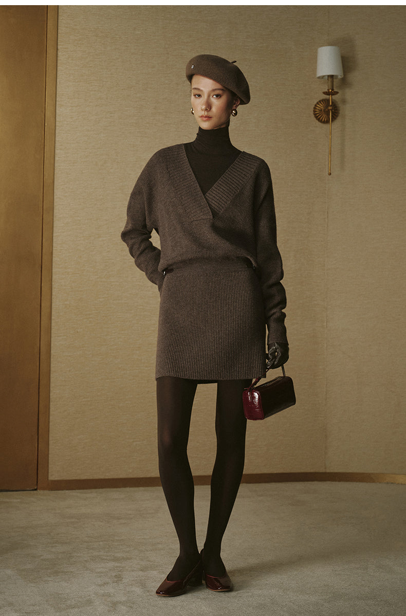 Pure Wool Mock-Neck Knit Mini Dress - Ripe Tea Brown - view 2