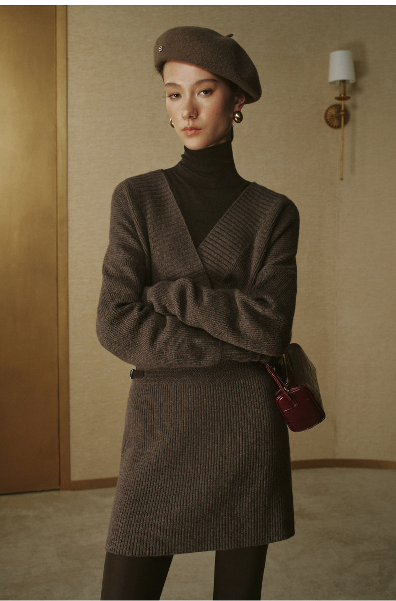 Pure Wool Mock-Neck Knit Mini Dress - Ripe Tea Brown - view 3