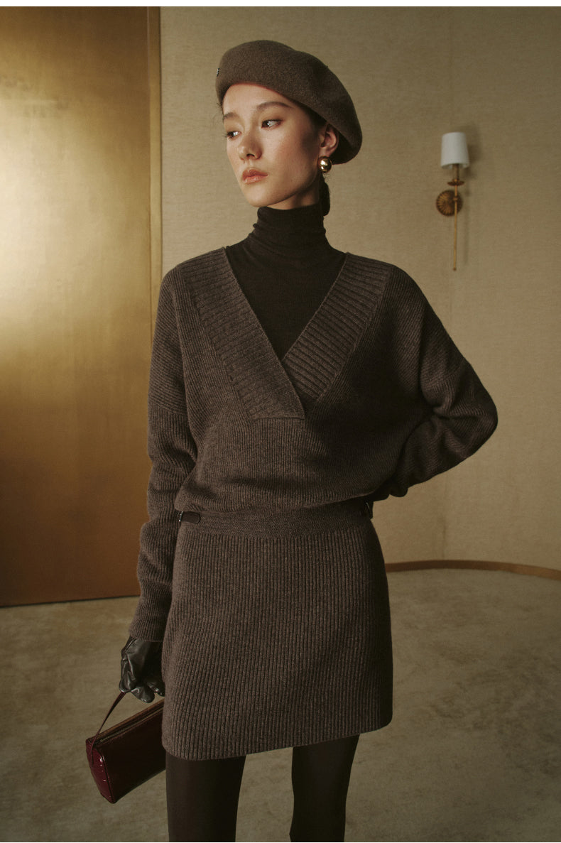 Pure Wool Mock-Neck Knit Mini Dress - Ripe Tea Brown - view 4
