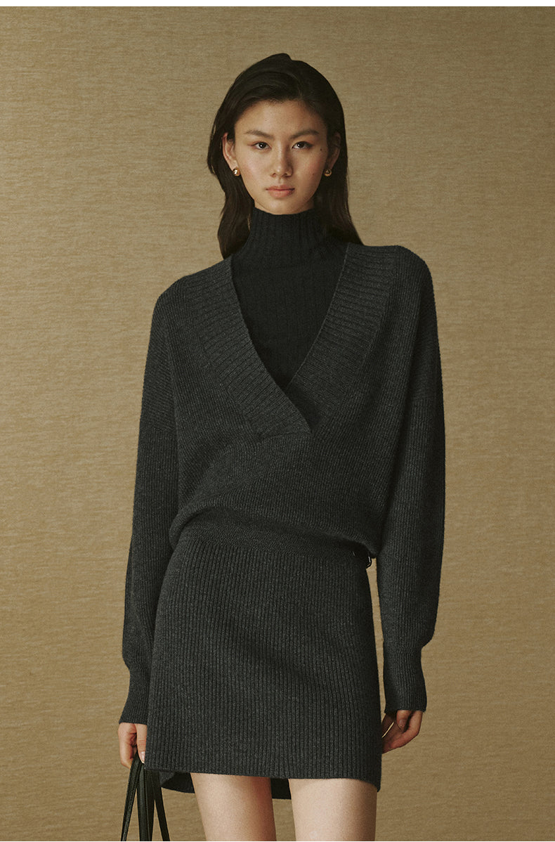 Pure Wool Mock-Neck Knit Mini Dress - Deep Smoky Grey - view 3