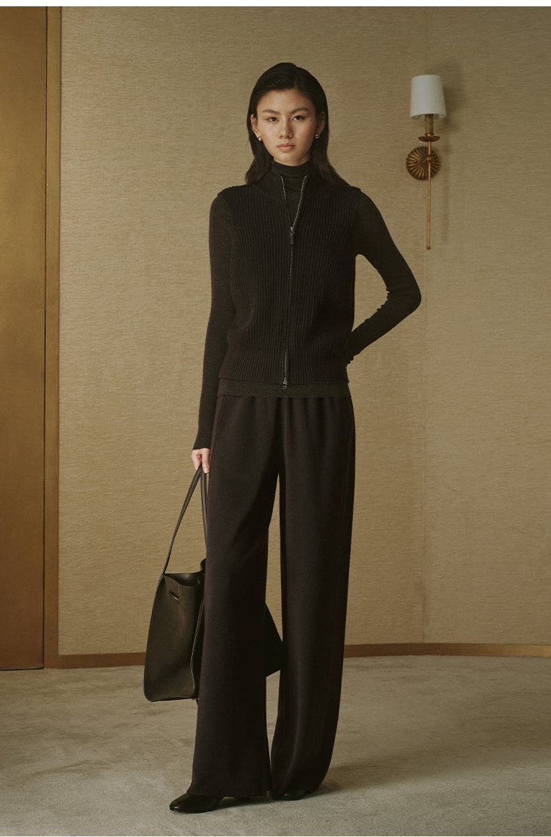 Pure Wool Wide-Leg Knit Trousers - Light Tea Camel - view 1