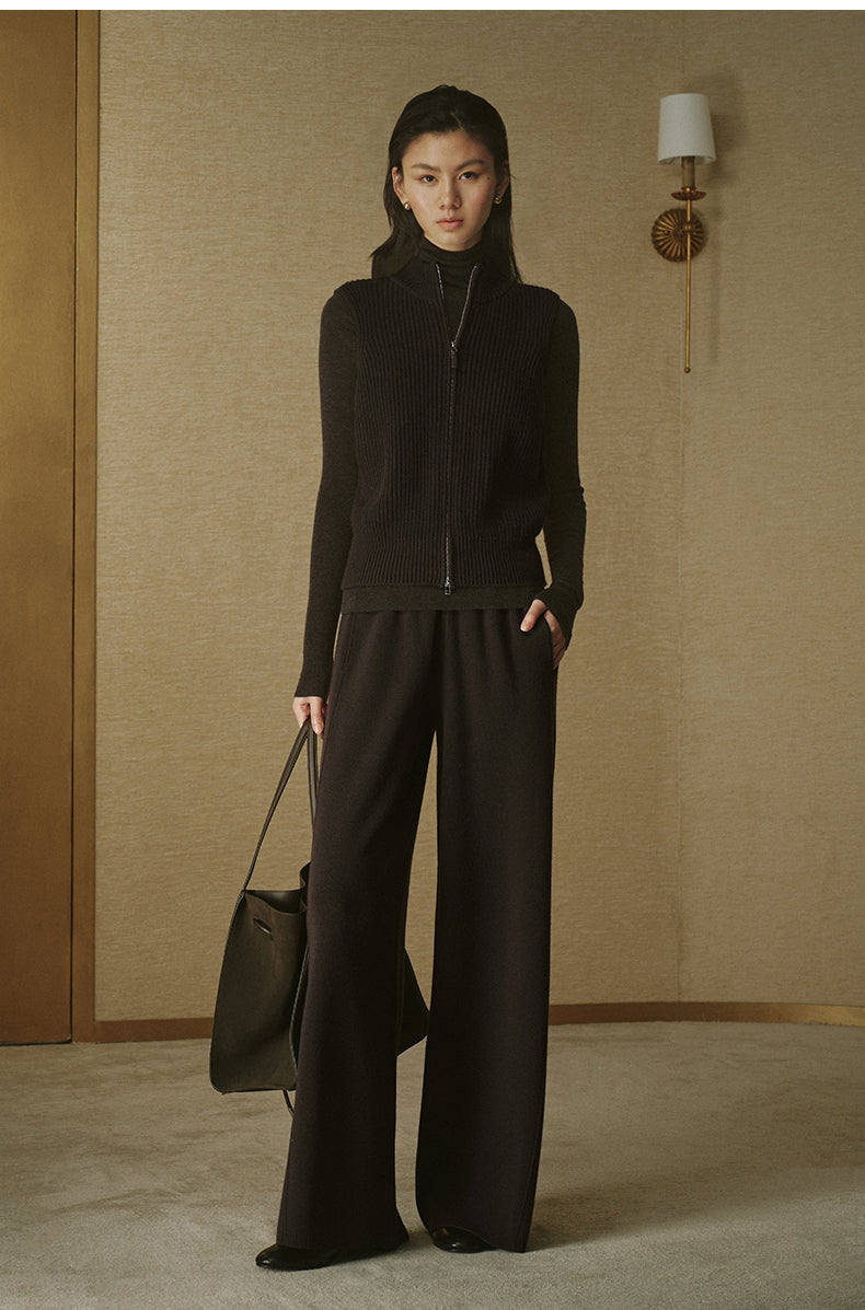 Pure Wool Wide-Leg Knit Trousers - Light Tea Camel - view 2