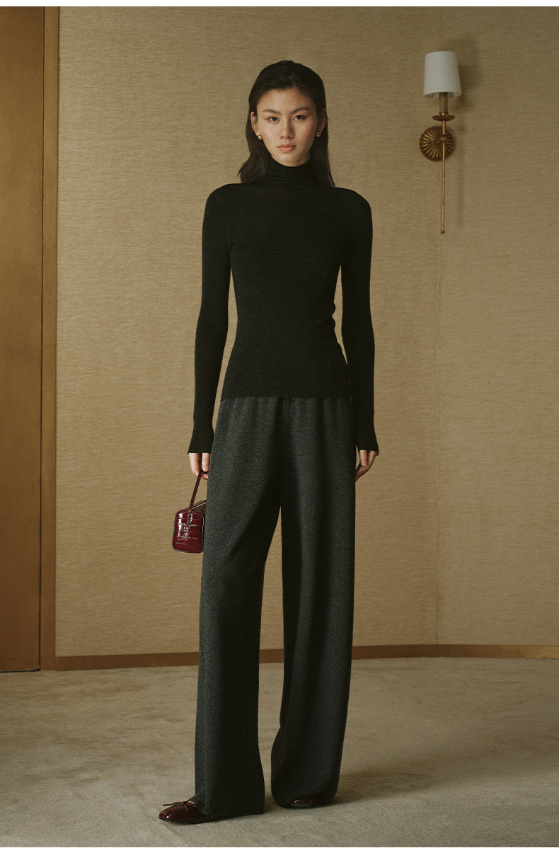 Pure Wool Wide-Leg Knit Trousers - Deep Smoky Grey - view 1