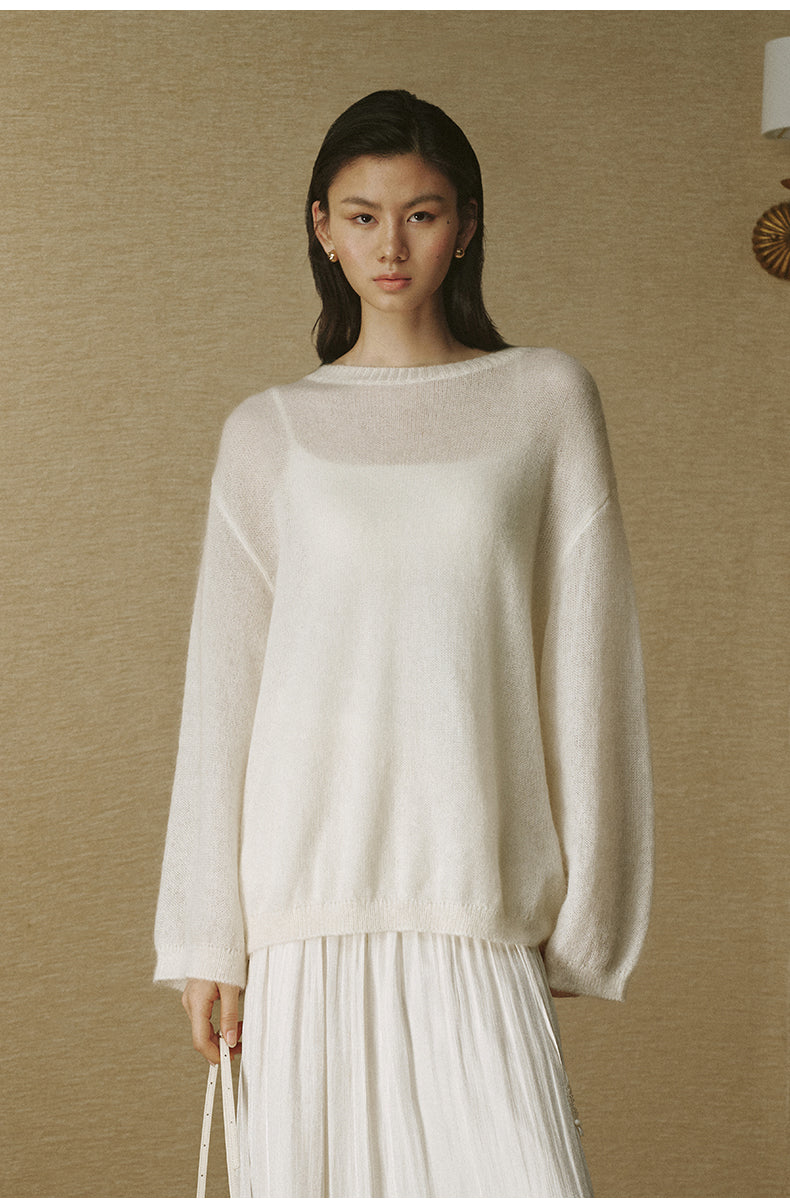 Relaxed Fine Mohair Crew Sweater - Ivory White - view 3