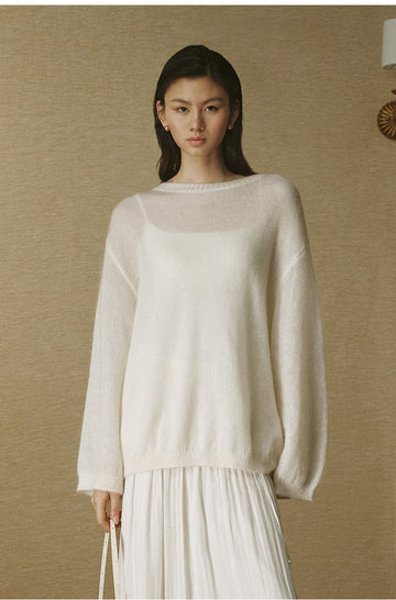 Relaxed Fine Mohair Crew Sweater - Ivory White - view 3