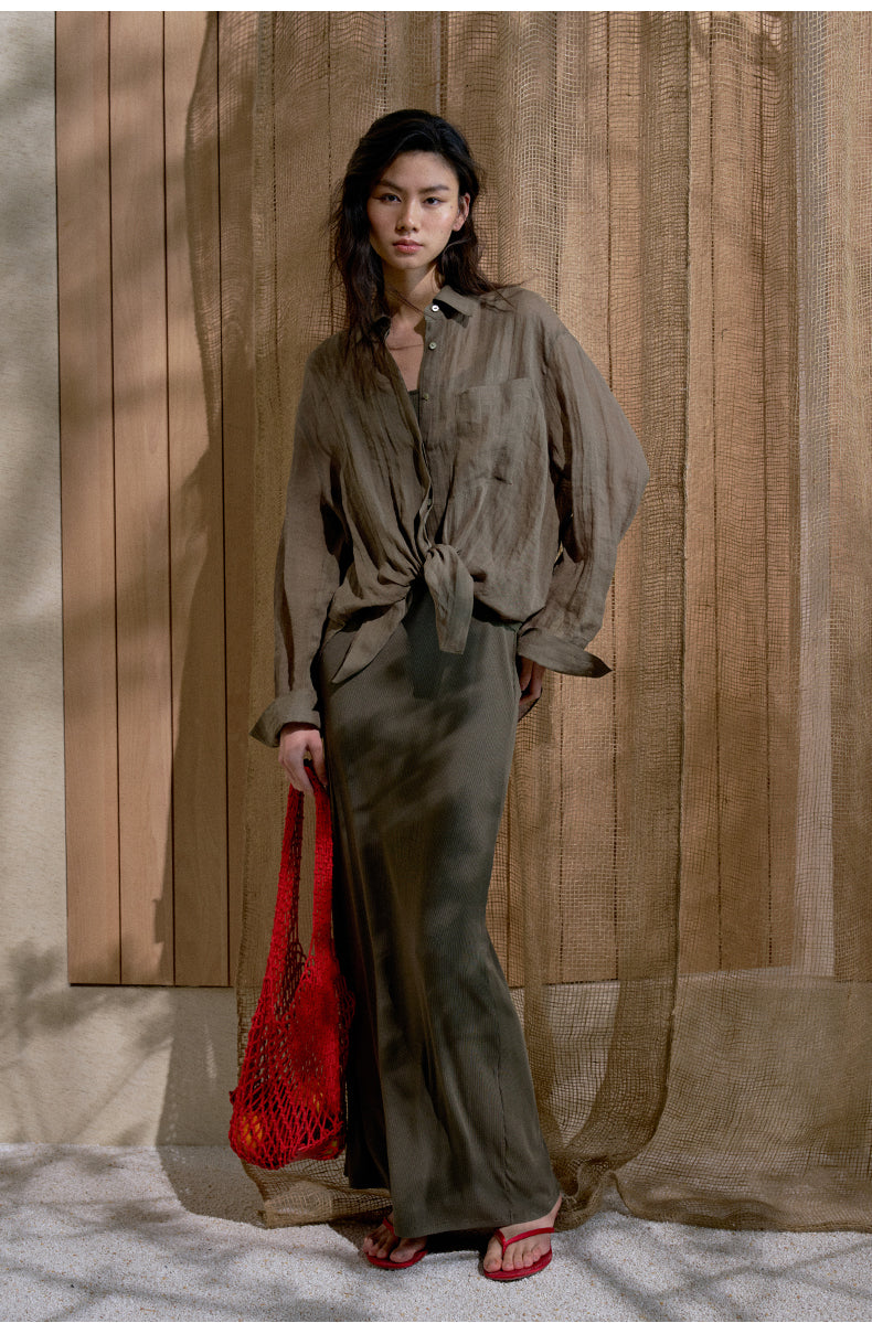 Relaxed Ramie Embroidered Shirt - Moss Green - view 1