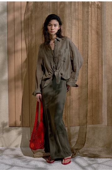 Relaxed Ramie Embroidered Shirt - Moss Green - view 1