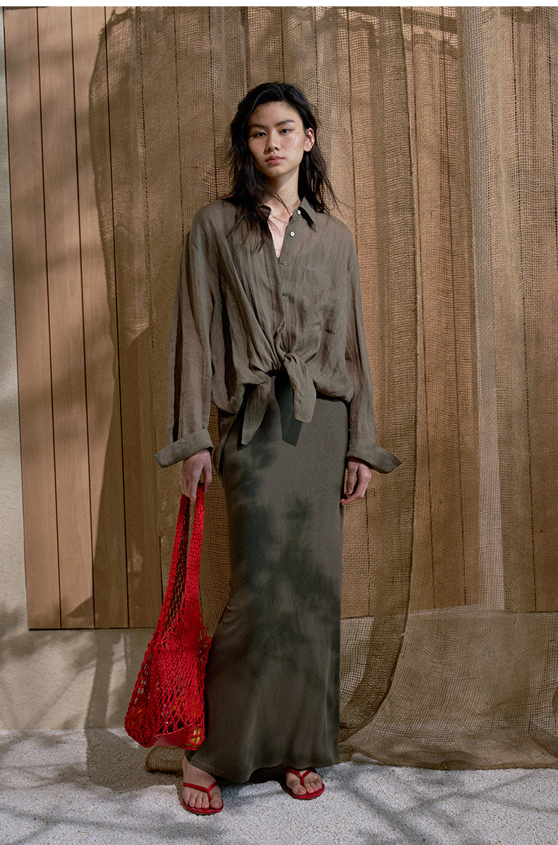 Relaxed Ramie Embroidered Shirt - Moss Green - view 2