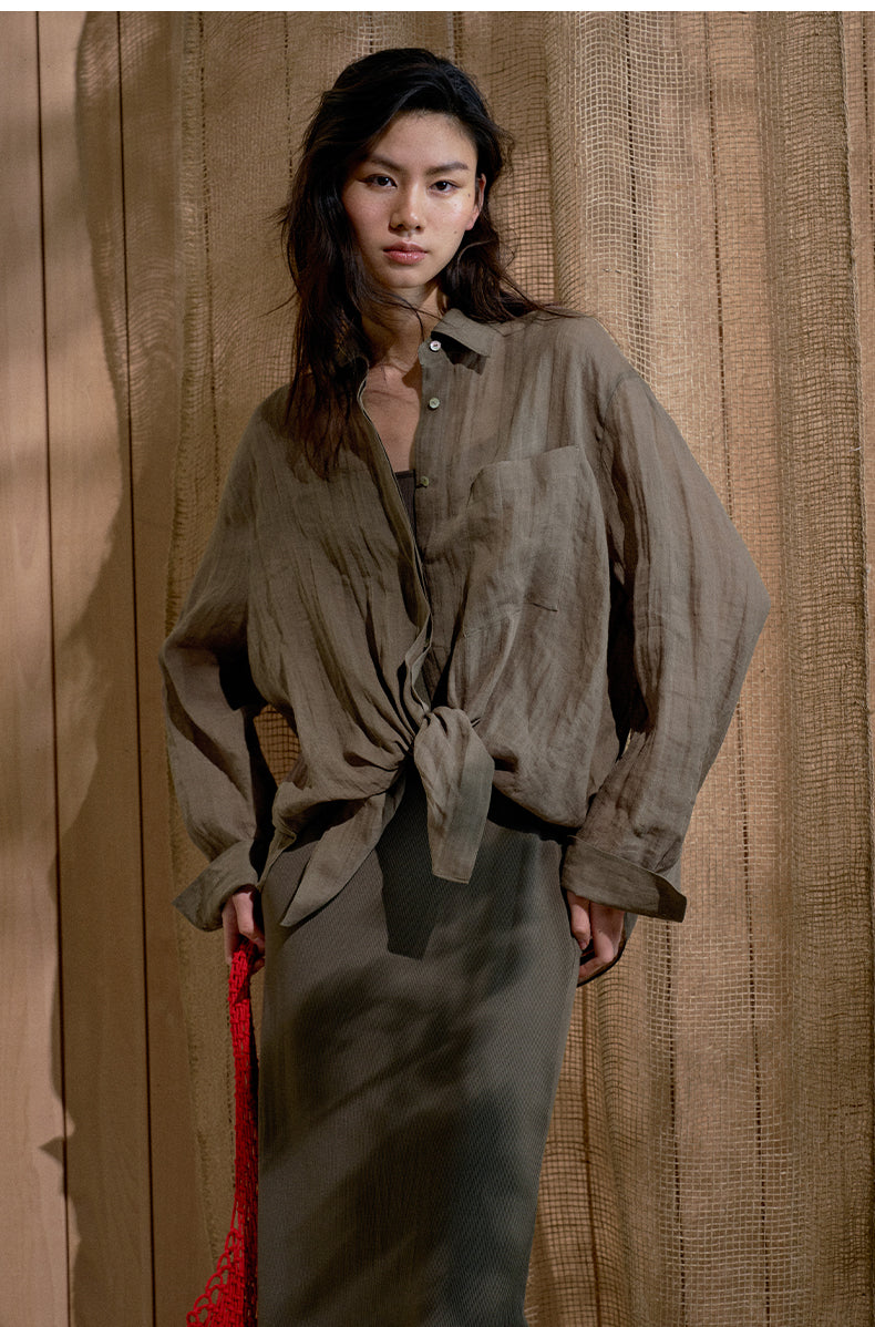 Relaxed Ramie Embroidered Shirt - Moss Green - view 3