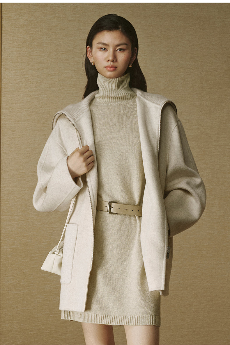 Ribbed-Collar Zip Wool Coat - Natural White - view 4
