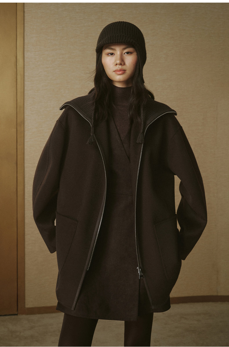 Ribbed-Collar Zip Wool Coat - Sandalwood Brown - view 2