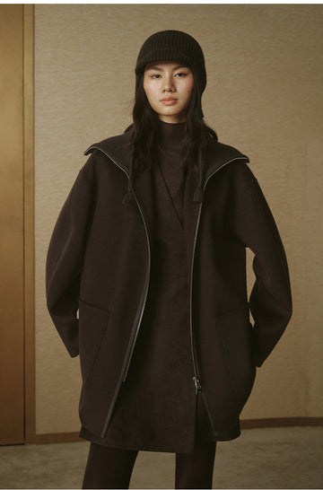 Ribbed-Collar Zip Wool Coat - Sandalwood Brown - view 2