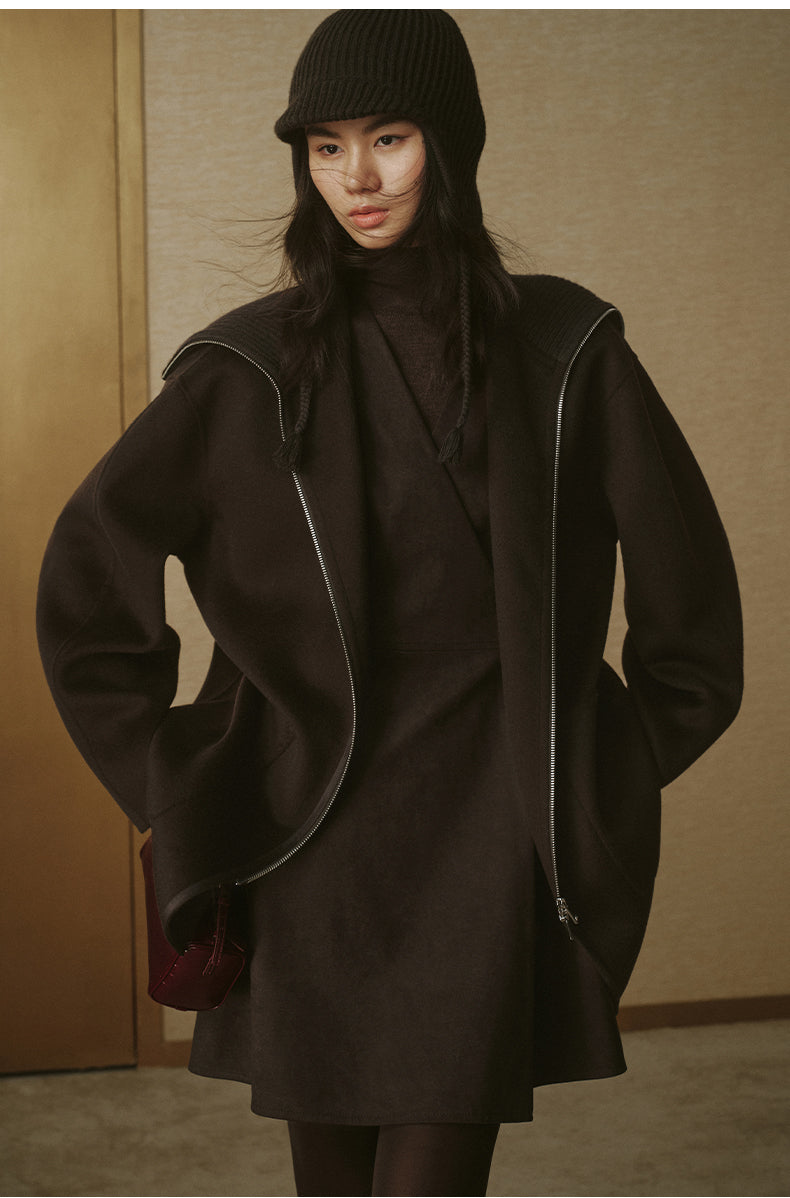 Ribbed-Collar Zip Wool Coat - Sandalwood Brown - view 3