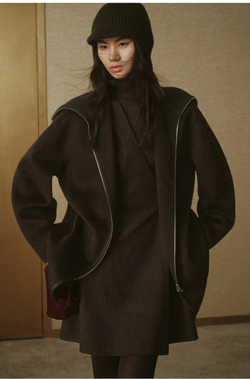 Ribbed-Collar Zip Wool Coat - Sandalwood Brown - view 3